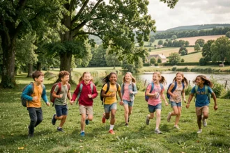 Des enfants joyeux courant dans un parc verdoyant de l'Ain, illustrant les meilleures activités pour enfants de la région