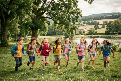 Des enfants joyeux courant dans un parc verdoyant de l'Ain, illustrant les meilleures activités pour enfants de la région