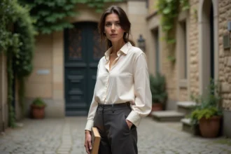 Actrice française élégante et discrète dans une cour parisienne pavée, tenant un livre, tenue sobre en lin crème