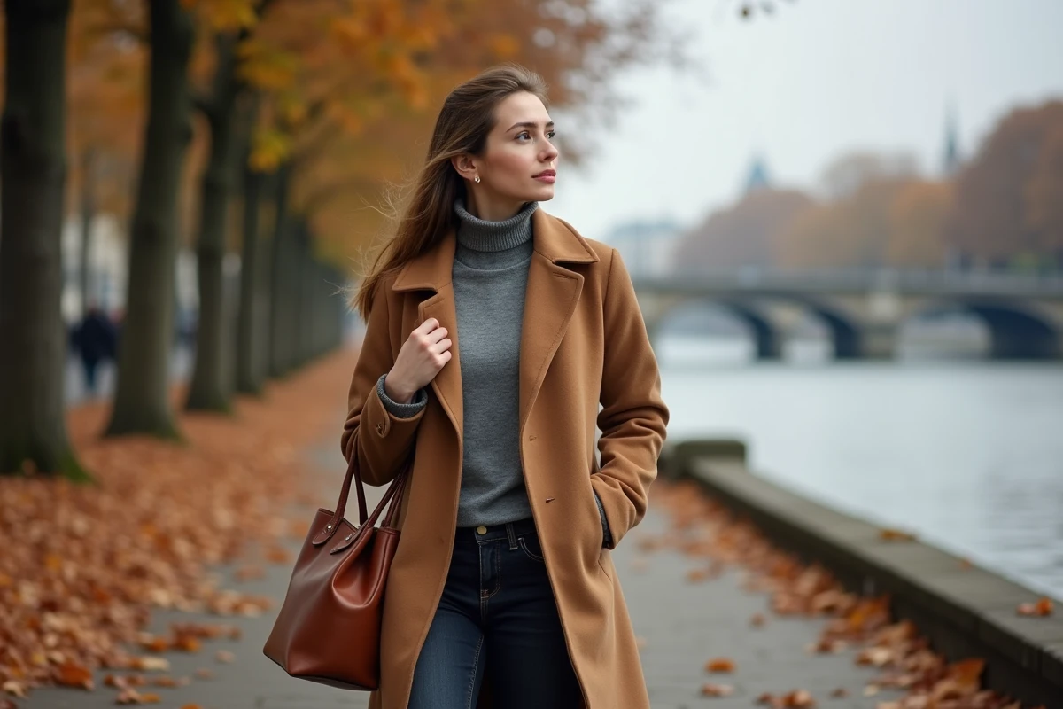Actrice française marchant seule sur les quais de Seine en automne, manteau camel, atmosphère intimiste et sans scandale