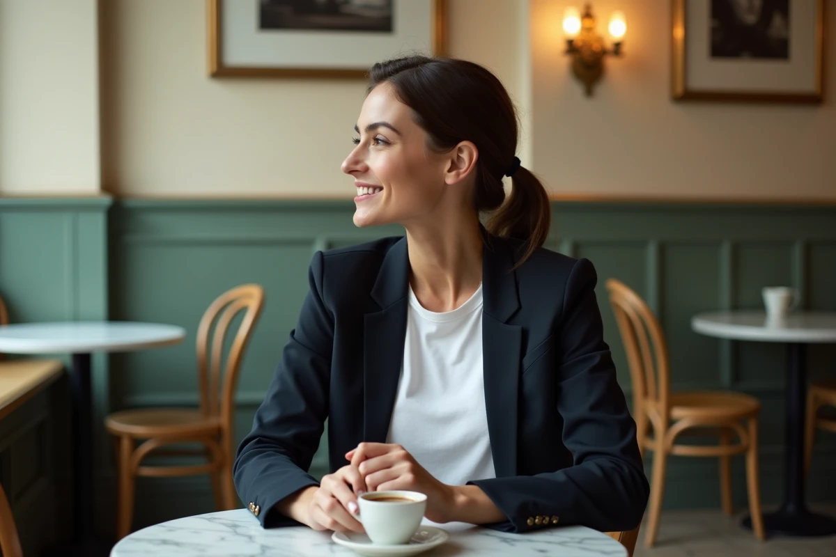 Femme actrice française sereine attablée dans une brasserie parisienne classique, sourire naturel, tenue sobre bleu marine