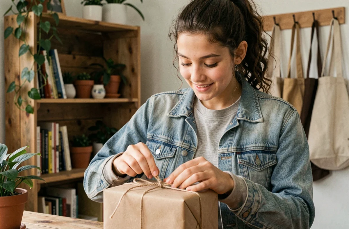 Adolescente déballant un cadeau écoresponsable emballé dans du papier kraft et de la ficelle de jute dans un salon minimaliste
