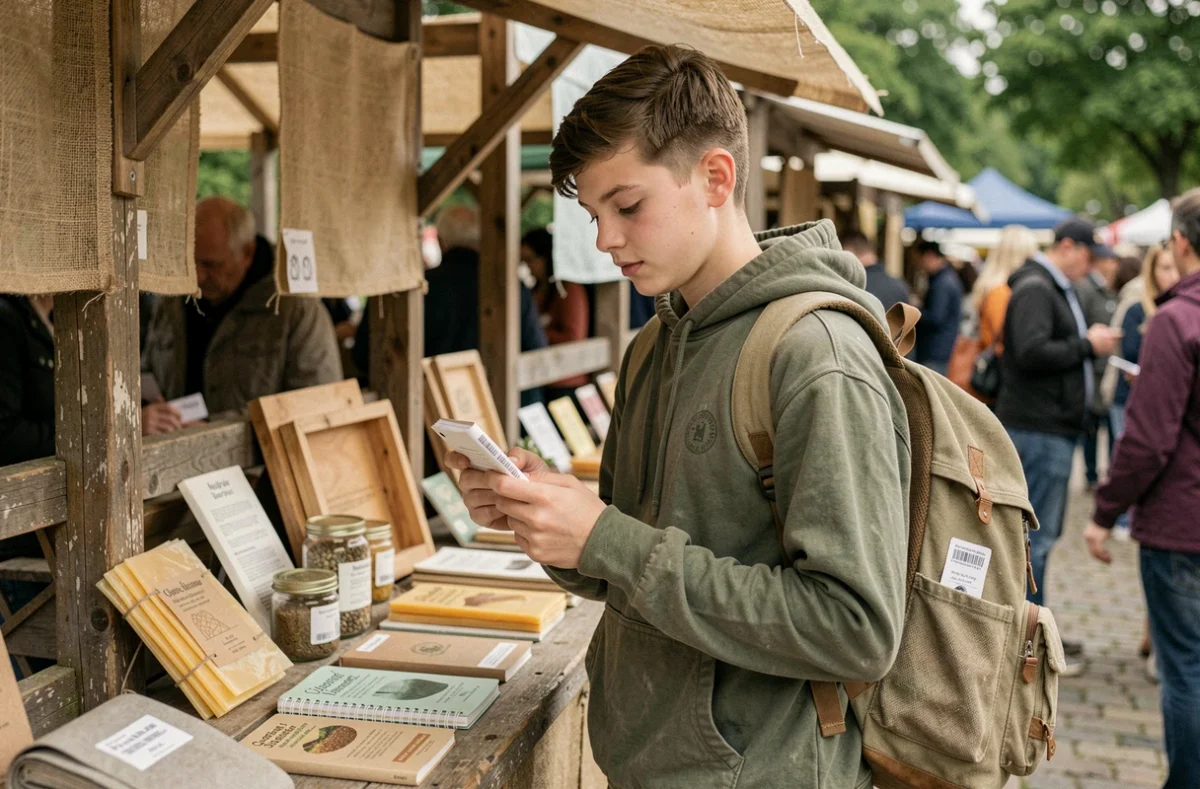 Adolescent explorant des produits durables et écologiques sur un marché artisanal en plein air