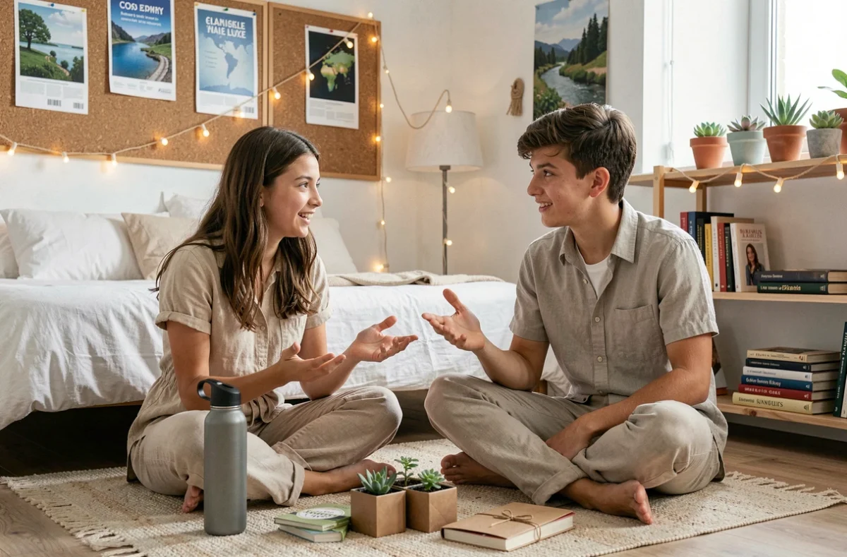 Deux adolescents engagés entourés de cadeaux écologiques et durables dans une chambre décorée de façon responsable