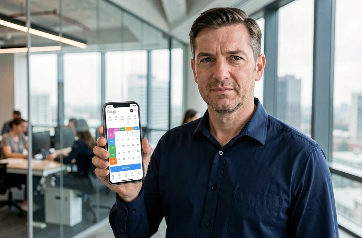 Homme d'affaires consultant son agenda Google avec numéros de semaines paires et impaires sur smartphone au bureau
