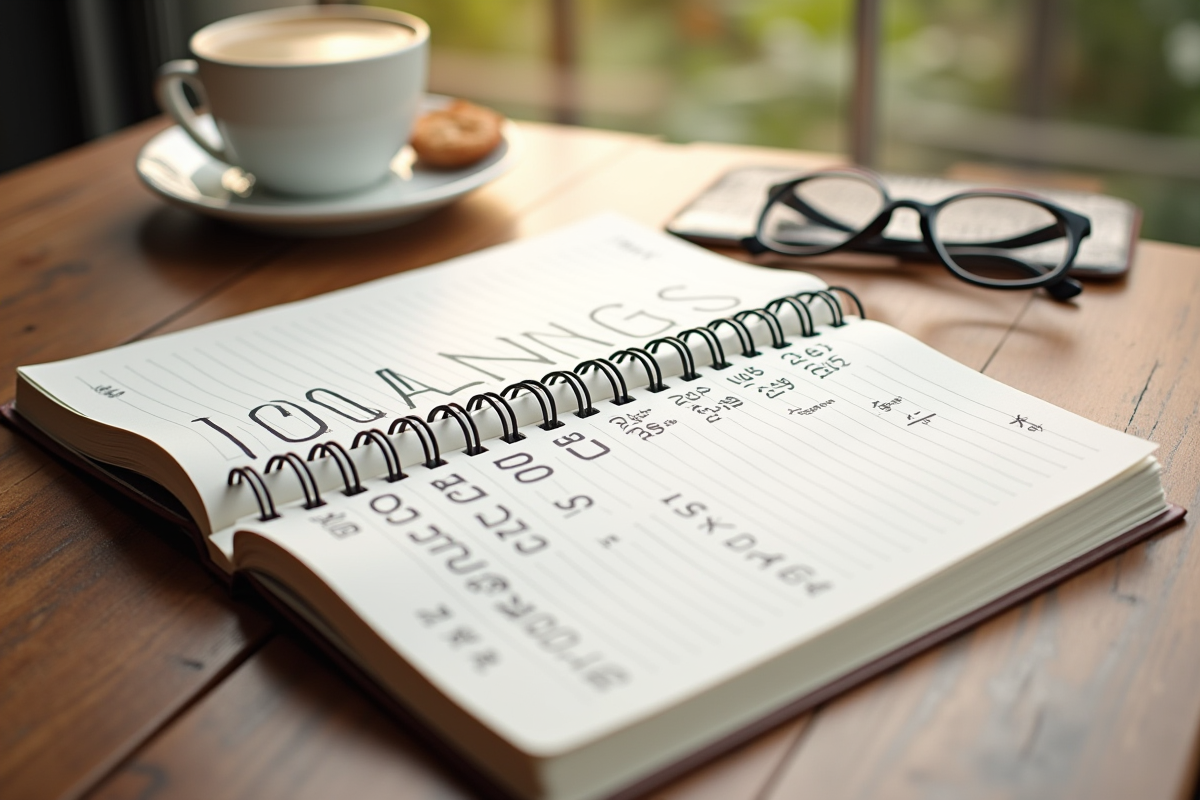 Agenda ouvert avec notes sur trimestres scolaires et café