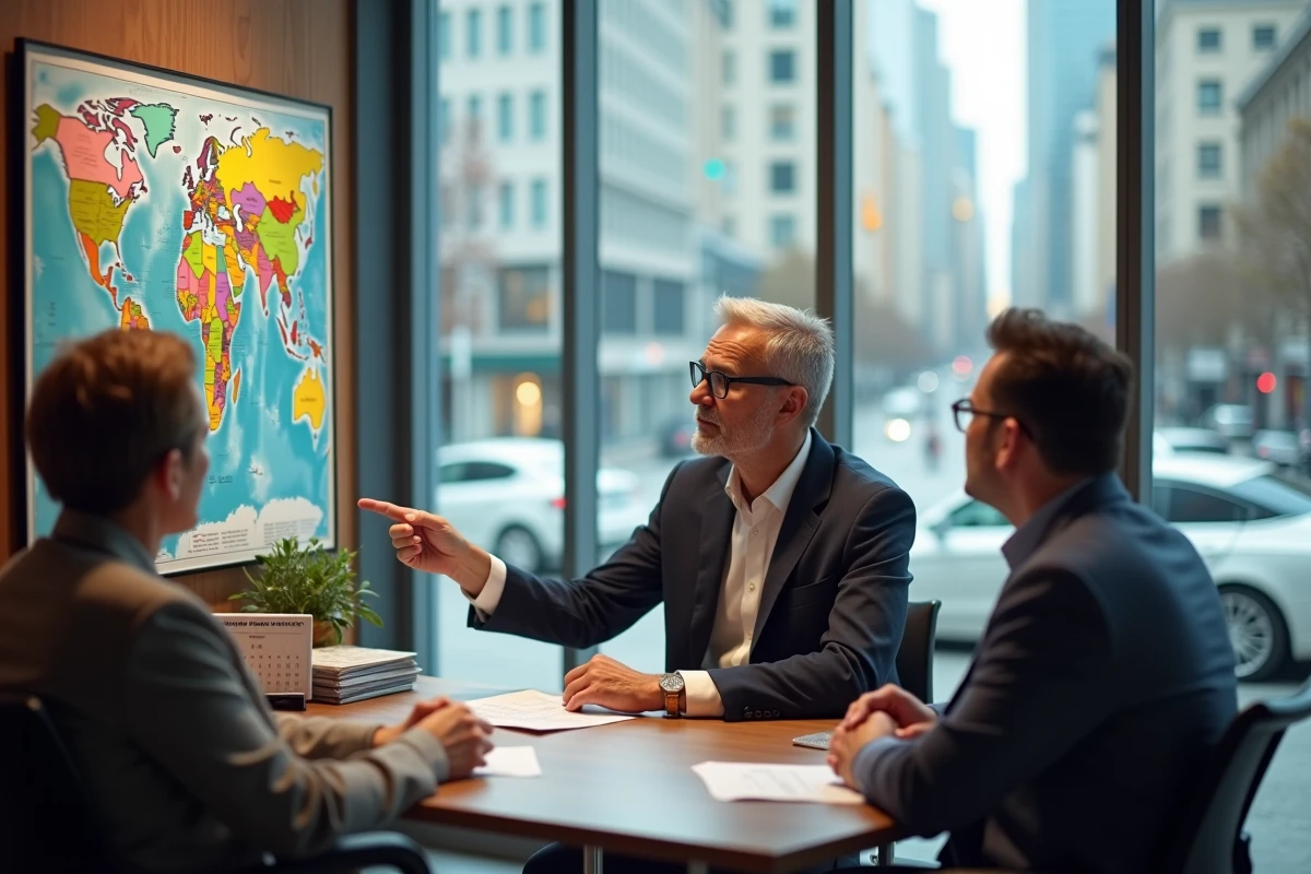 Agent de voyage expliquant des options à un couple en bureau