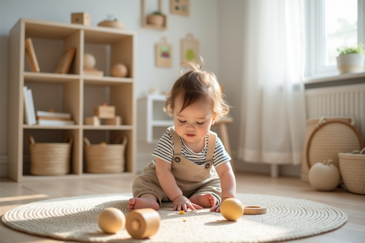 Enfant en vêtements neutres jouant avec des matériaux Montessori