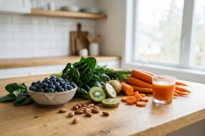 Vue aérienne d'aliments bons pour les yeux disposés sur une table en bois : carottes, épinards, myrtilles, kiwi et amandes