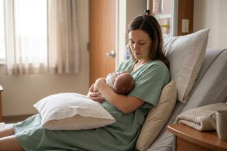 Mère allaitant son nouveau-né en position ballon de rugby après une césarienne, assise dans un lit d'hôpital entourée de coussins de soutien