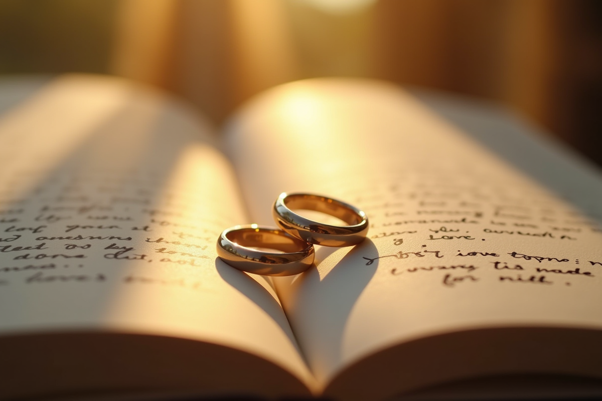 Alliances sur un livre ouvert avec notes d amour au matin