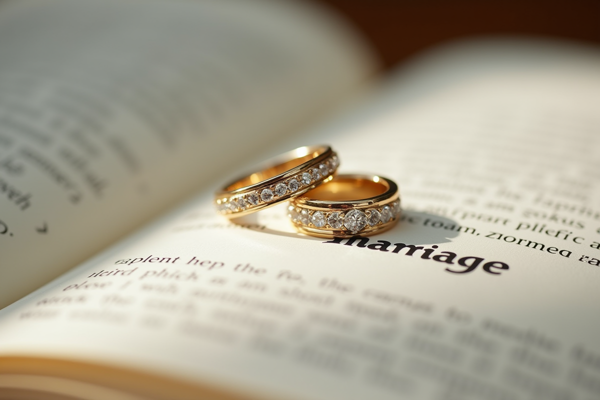 Alliances de mariage sur un livre avec le mot mariage