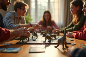 Groupe d'amis jouant à un jeu de société dinosaure