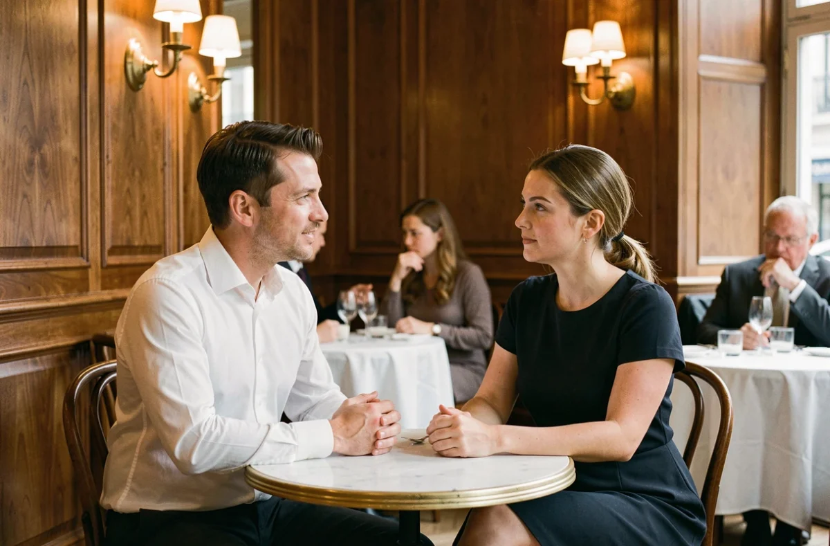 Un animateur de télévision et sa femme attablés dans une brasserie parisienne, illustrant une rare sortie en public du couple loin des projecteurs