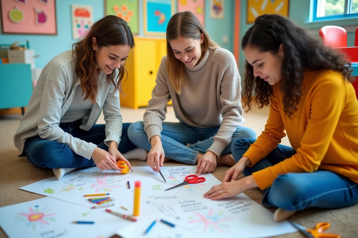 Trois animateurs collaborant au sol pour créer un moodboard d'idées thèmes dans une salle d'activités d'un centre de loisirs