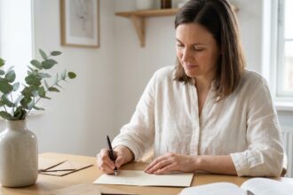 Jeune femme rédigeant un faire-part de naissance manuscrit avec style dans un bureau épuré