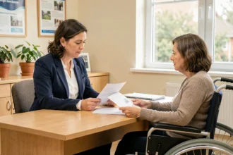 Assistante sociale en réunion avec une femme en fauteuil roulant dans un bureau d'aide sociale, examinant des documents administratifs ensemble
