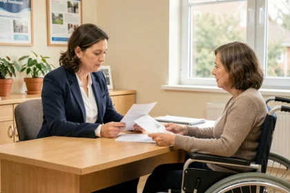 Assistante sociale en réunion avec une femme en fauteuil roulant dans un bureau d'aide sociale, examinant des documents administratifs ensemble