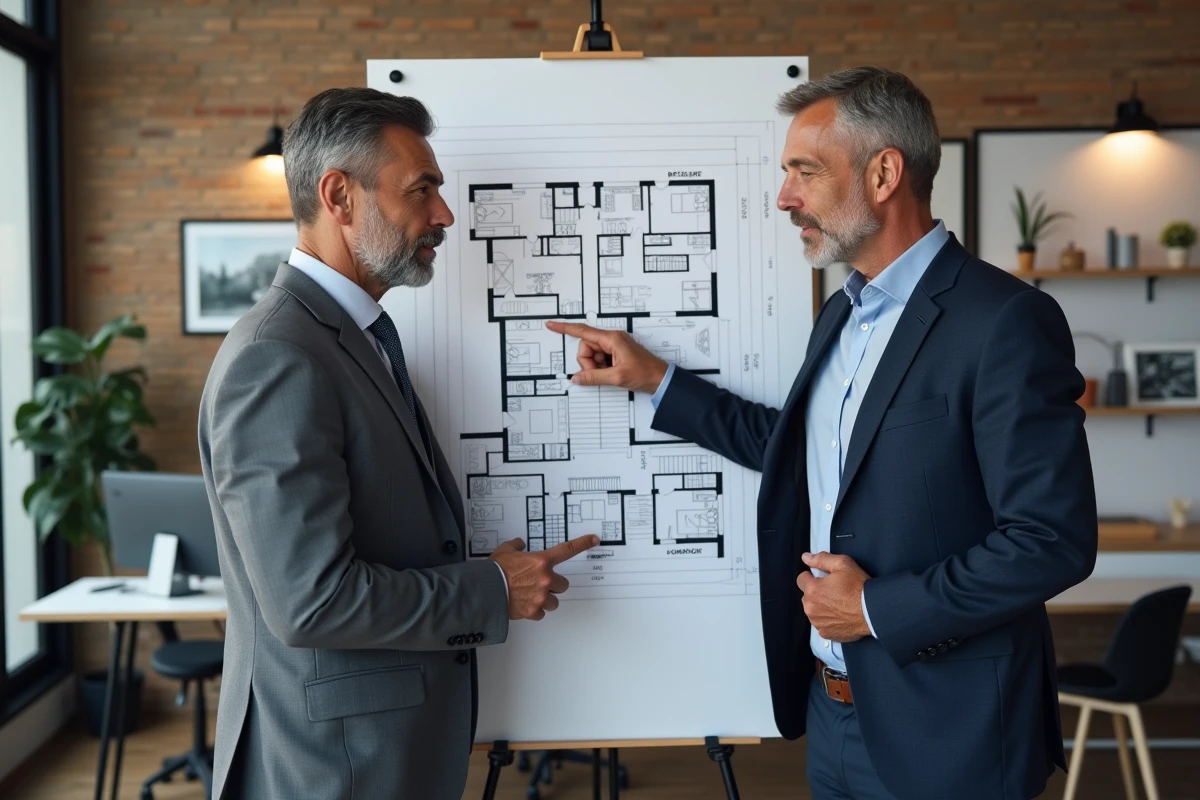 Deux associés discutant de l'apport d'un bien immobilier commun dans une société devant un plan architectural