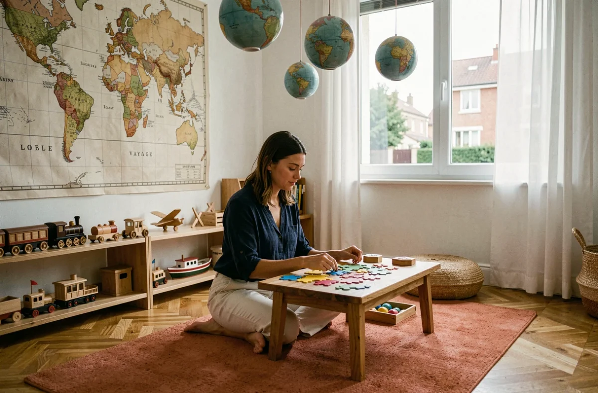Salle de jeux sur le thème du voyage à la crèche Au Ptit Voyage Eva à Bordeaux avec carte du monde murale et jouets éducatifs