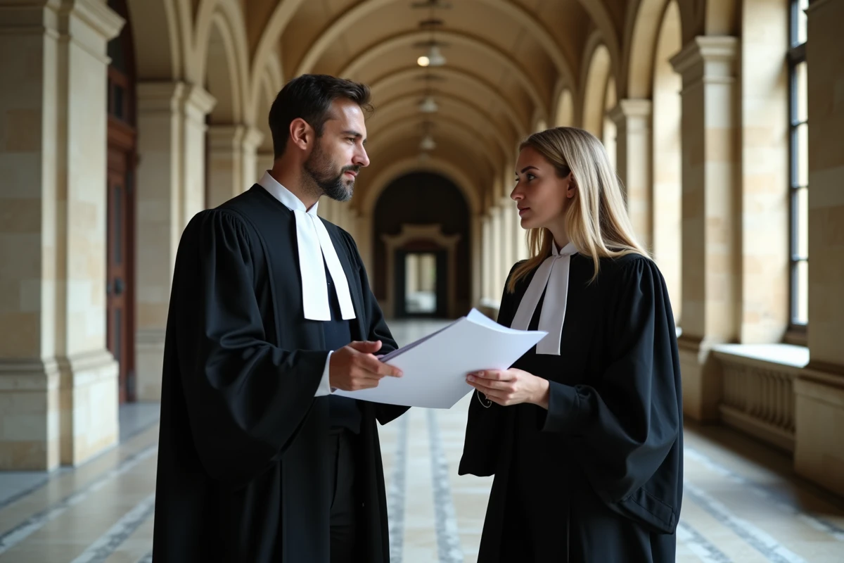 Deux avocats en robe discutant d'un dossier d'adoption simple dans un couloir de palais de justice