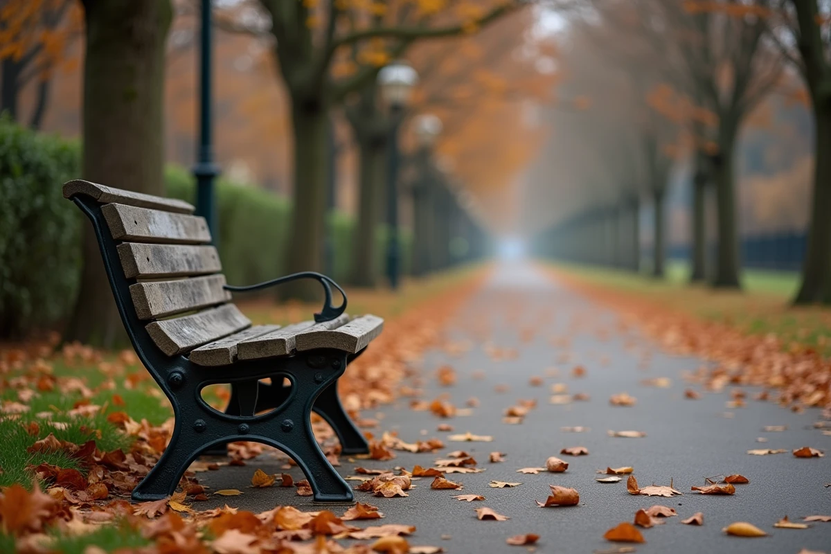 Banc de parc vide en automne symbolisant la solitude et la séparation dans un couple