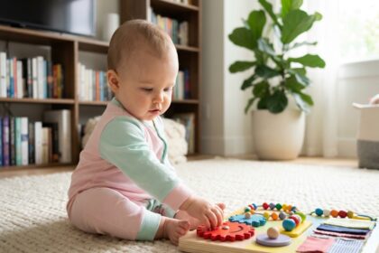 Bébé curieux jouant avec un tableau d'activités en bois