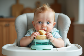 Bébé curieux mangeant une banane dans une chaise haute