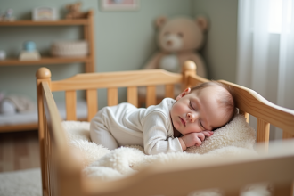 Bébé fille de 4 mois dormant paisiblement dans un berceau en coton
