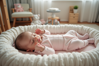 Bebe fille endormie dans un nid Doomoo dans une chambre cosy