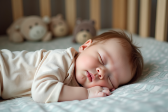 Bébé endormi paisiblement dans son lit en coton