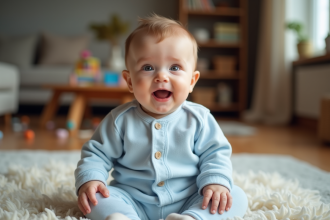 Bébé garçon curieux assis sur un tapis dans un salon chaleureux