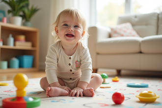 Bébé souriant assis sur un tapis de jeu coloré