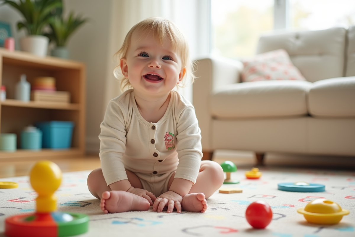 Bébé souriant assis sur un tapis de jeu coloré