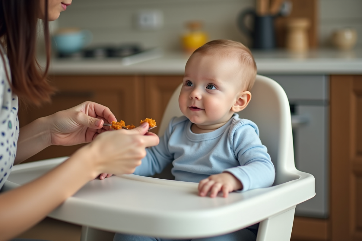 Bébé de 4 mois en poussette pastel bleu avec mère dans cuisine chaleureuse