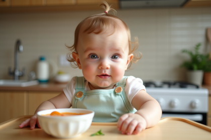 Bebe de 7 mois dans une chaise haute mangeant des purées de légumes