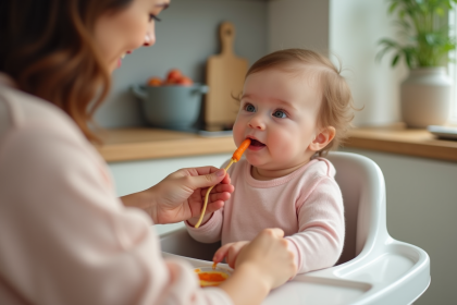 Bebe de 4 mois dans une chaise haute mangeant de la purée de carotte