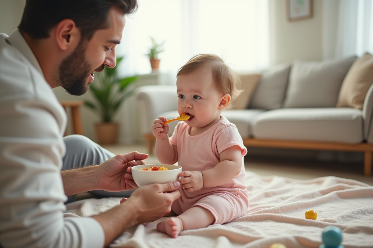 Fille de 4 mois en robe rose avec père dans salon lumineux