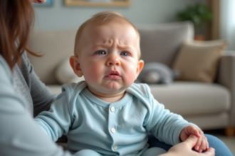 Bébé de 10 mois en pyjama bleu clair toussé dans le salon
