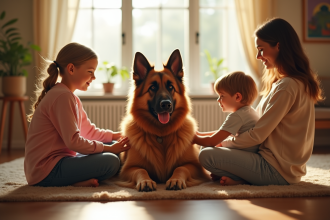 Chien berger allemand à longs poils avec famille dans le salon