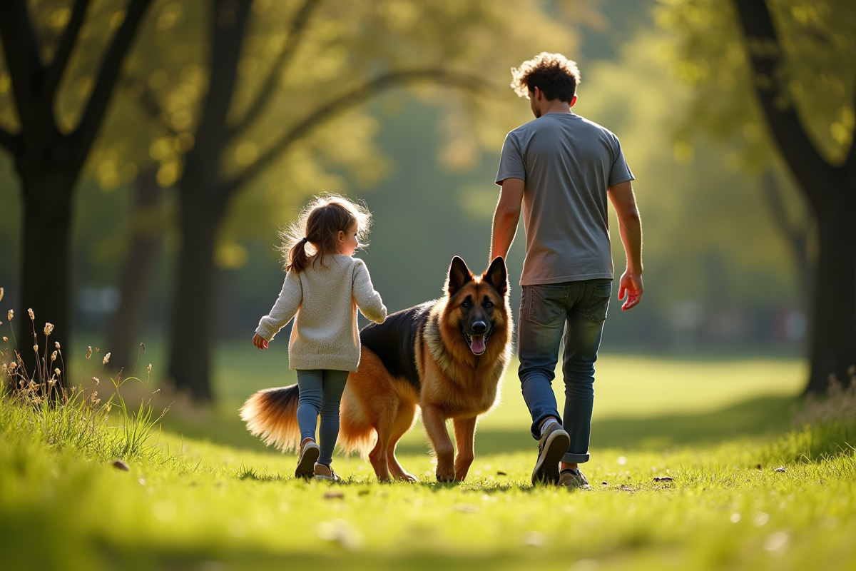 Chien berger allemand marchant avec famille dans le parc