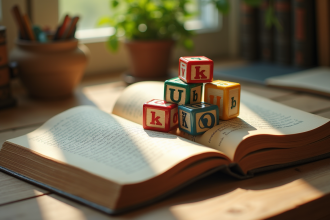 Blocs alphabet vintage sur une table en bois ensoleillée