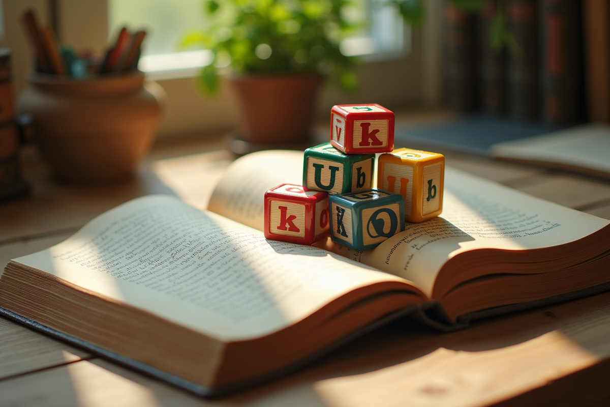 Blocs alphabet vintage sur une table en bois ensoleillée