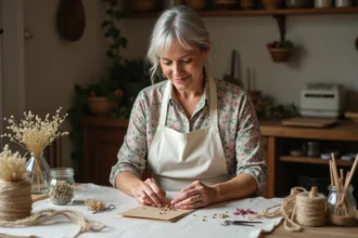 Femme préparant une carte de fête des mères artisanale avec des fleurs séchées pressées sur une table en bois rustique