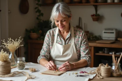 Femme préparant une carte de fête des mères artisanale avec des fleurs séchées pressées sur une table en bois rustique