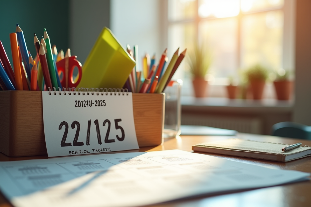 Bureau scolaire organisé avec calendrier 2024 2025 et fournitures