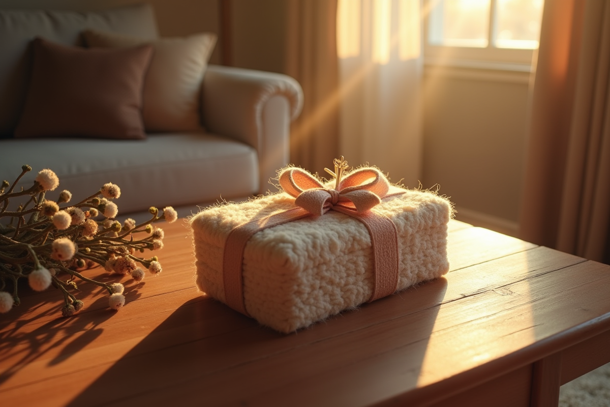 Cadeau en laine dans une salle cosy sur une table en bois en lumiere naturelle