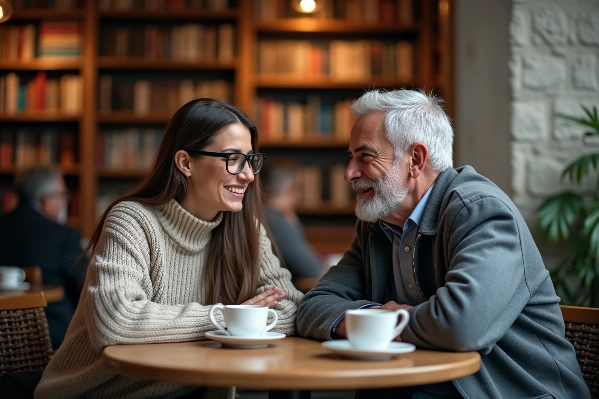 Deux personnes discutant dans un cafe parisien