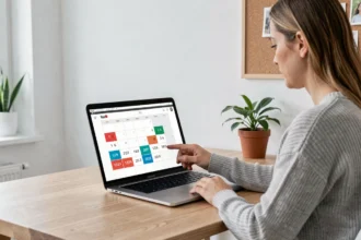 Femme consultant un calendrier numérique avec semaines paires et impaires sur un ordinateur portable dans un bureau moderne