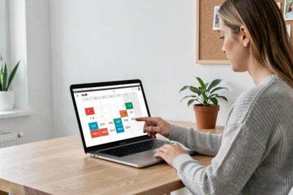 Femme consultant un calendrier numérique avec semaines paires et impaires sur un ordinateur portable dans un bureau moderne